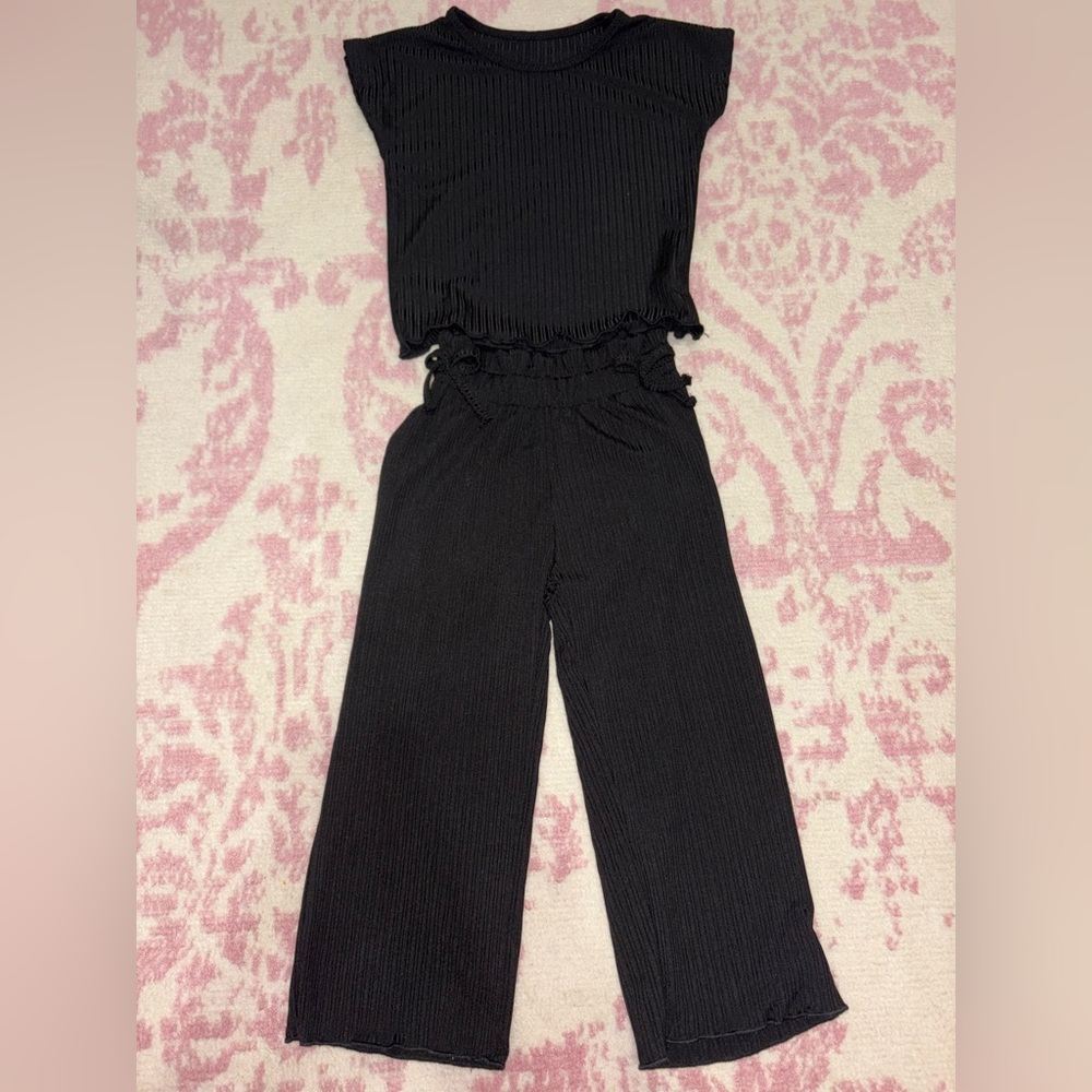SHEIN Black Ribbed Matching Wide-Leg Set Toddler Girl size 90